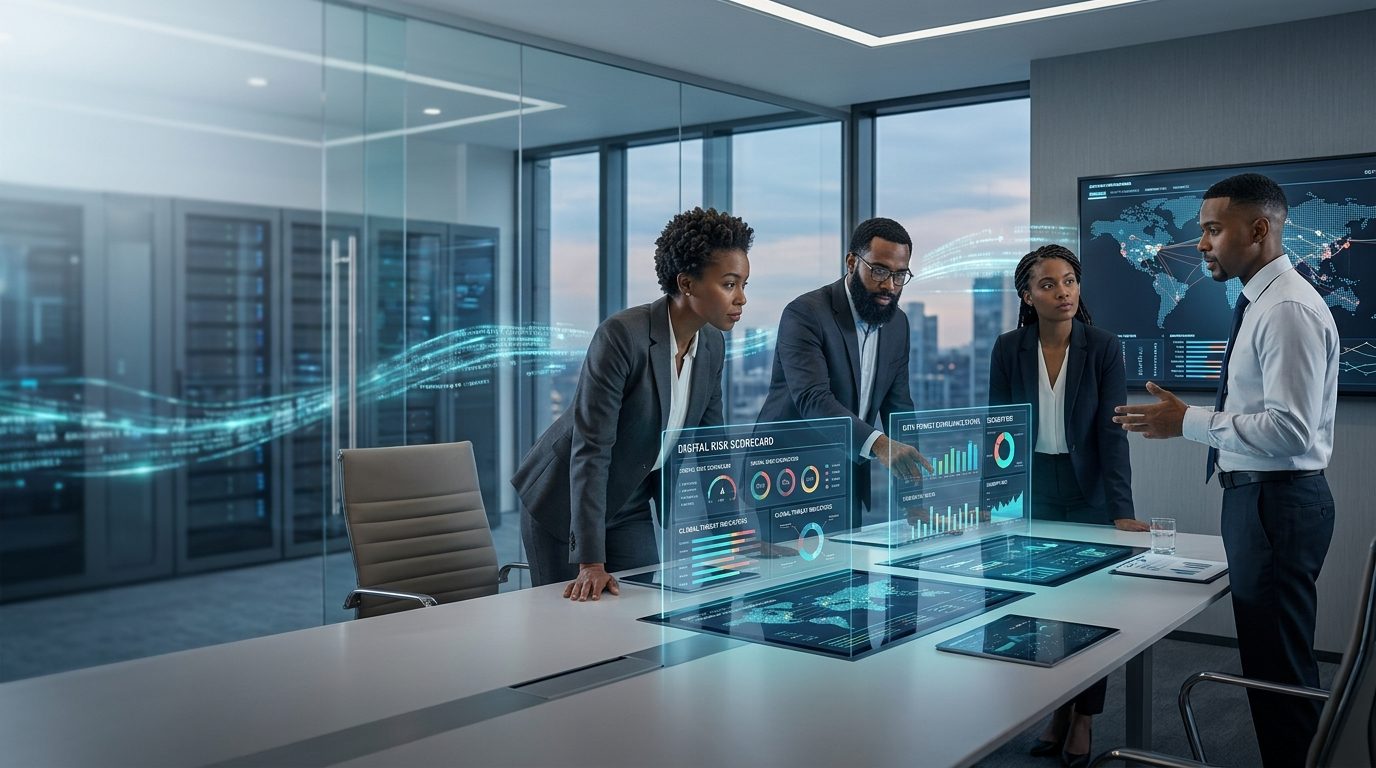 Executives reviewing cybersecurity and data protection dashboards – NDPA compliance Nigeria